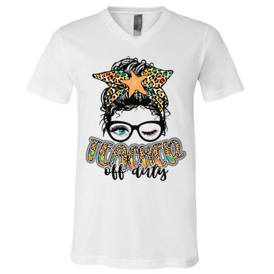 Messy Bun Summer Teacher Off Duty Leopard V-Neck T-Shirt