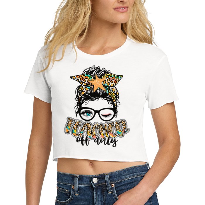 Messy Bun Summer Teacher Off Duty Leopard Women's Crop Top Tee