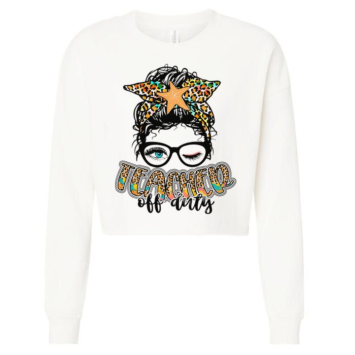 Messy Bun Summer Teacher Off Duty Leopard Cropped Pullover Crew