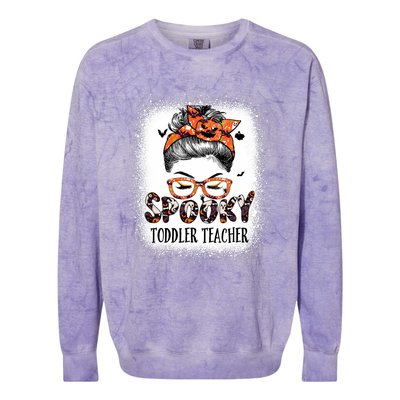 Messy Bun Spooky Teacher Bleached Halloween Bat Colorblast Crewneck Sweatshirt