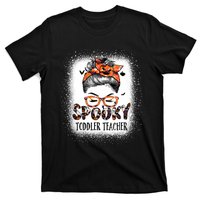 Messy Bun Spooky Teacher Bleached Halloween Bat T-Shirt