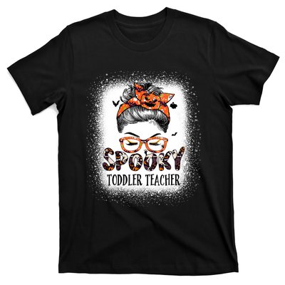 Messy Bun Spooky Teacher Bleached Halloween Bat T-Shirt