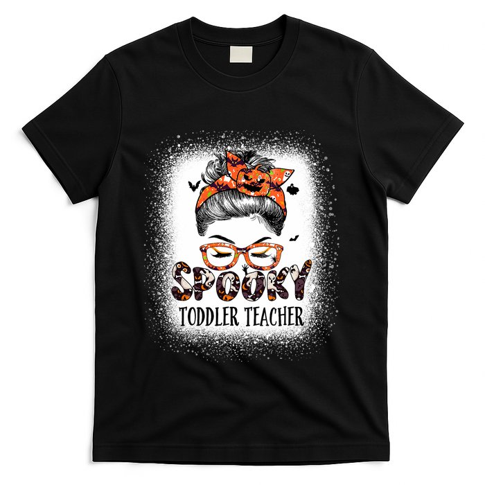 Messy Bun Spooky Teacher Bleached Halloween Bat T-Shirt