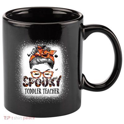 Messy Bun Spooky Teacher Bleached Halloween Bat 11oz C Handle Ceramic Mug