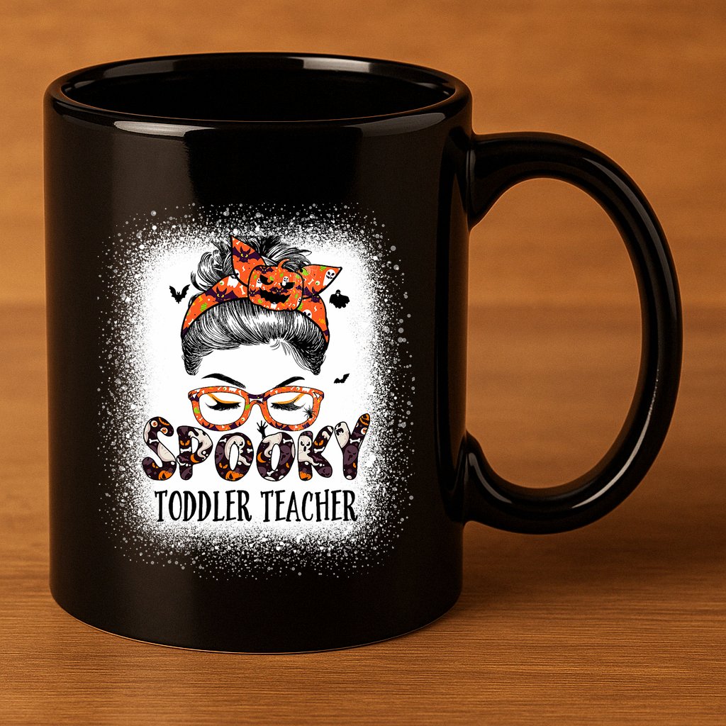 Messy Bun Spooky Teacher Bleached Halloween Bat 11oz C Handle Ceramic Mug