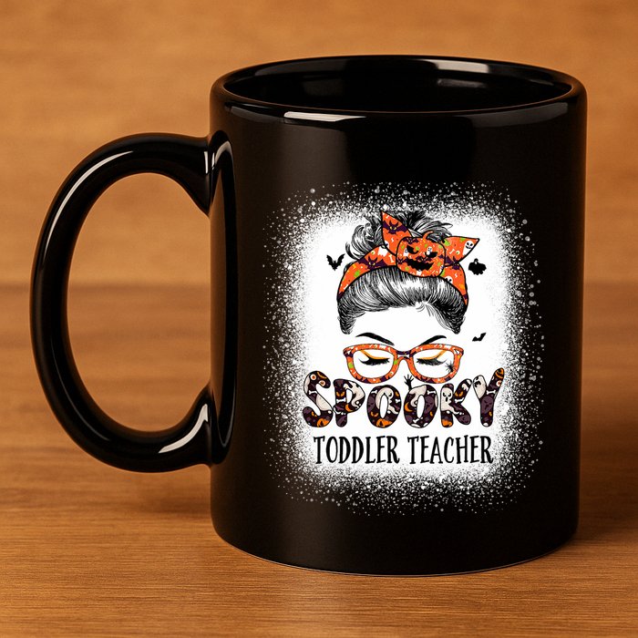 Messy Bun Spooky Teacher Bleached Halloween Bat 11oz C Handle Ceramic Mug