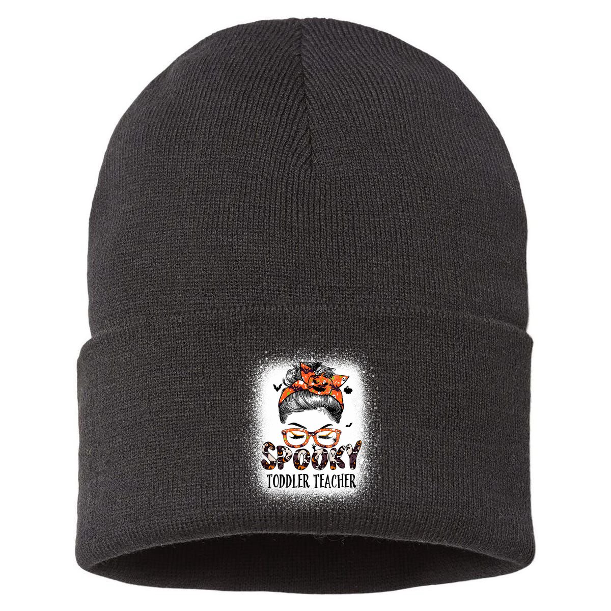 Messy Bun Spooky Teacher Bleached Halloween Bat Sustainable Knit Beanie