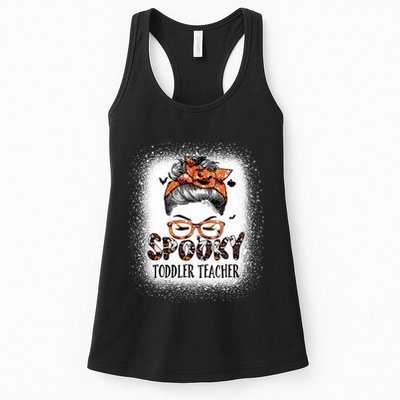 Messy Bun Spooky Teacher Bleached Halloween Bat Womens Tank Top
