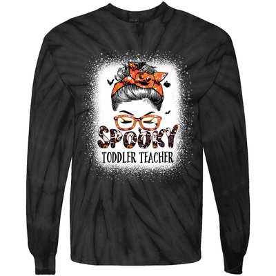 Messy Bun Spooky Teacher Bleached Halloween Bat Tie-Dye Long Sleeve Shirt