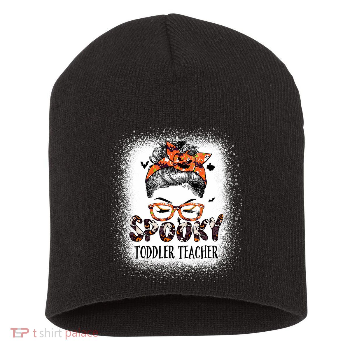 Messy Bun Spooky Teacher Bleached Halloween Bat Short Acrylic Beanie