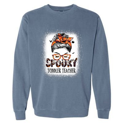 Messy Bun Spooky Teacher Bleached Halloween Bat Garment-Dyed Sweatshirt