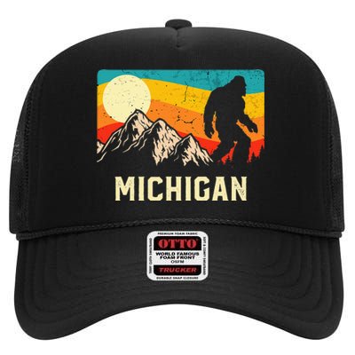 Michigan Bigfoot Sasquatch Mountains Retro Hiking High Crown Mesh Back Trucker Hat