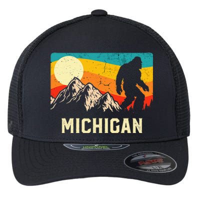 Michigan Bigfoot Sasquatch Mountains Retro Hiking Flexfit Unipanel Trucker Cap