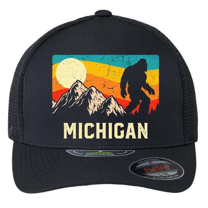 Michigan Bigfoot Sasquatch Mountains Retro Hiking Flexfit Unipanel Trucker Cap