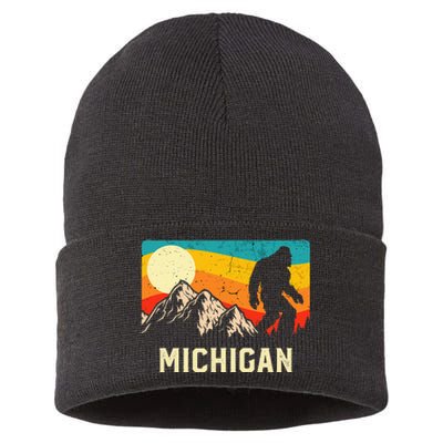 Michigan Bigfoot Sasquatch Mountains Retro Hiking Sustainable Knit Beanie