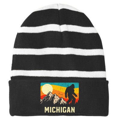 Michigan Bigfoot Sasquatch Mountains Retro Hiking Striped Beanie with Solid Band