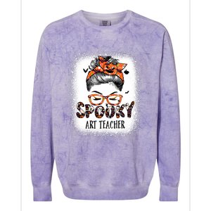 Messy Bun Spooky Art Teacher Bleached Halloween Pumpkin Colorblast Crewneck Sweatshirt