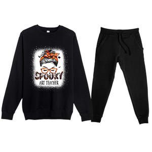 Messy Bun Spooky Art Teacher Bleached Halloween Pumpkin Premium Crewneck Sweatsuit Set