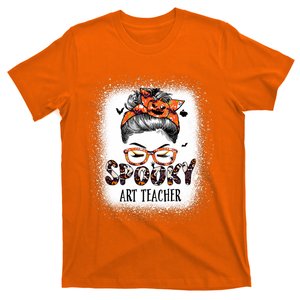 Messy Bun Spooky Art Teacher Bleached Halloween Pumpkin T-Shirt