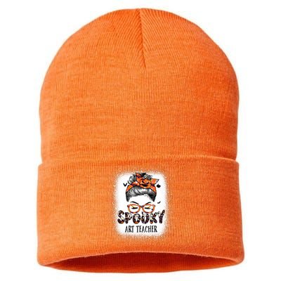 Messy Bun Spooky Art Teacher Bleached Halloween Pumpkin Sustainable Knit Beanie