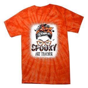 Messy Bun Spooky Art Teacher Bleached Halloween Pumpkin Tie-Dye T-Shirt