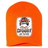 Messy Bun Spooky Art Teacher Bleached Halloween Pumpkin Short Acrylic Beanie