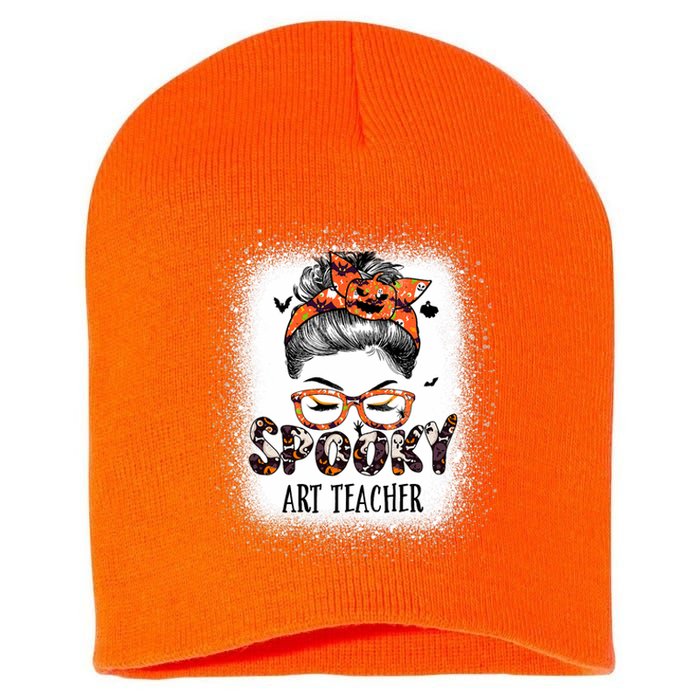 Messy Bun Spooky Art Teacher Bleached Halloween Pumpkin Short Acrylic Beanie