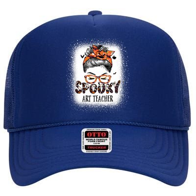 Messy Bun Spooky Art Teacher Bleached Halloween Pumpkin High Crown Mesh Back Trucker Hat