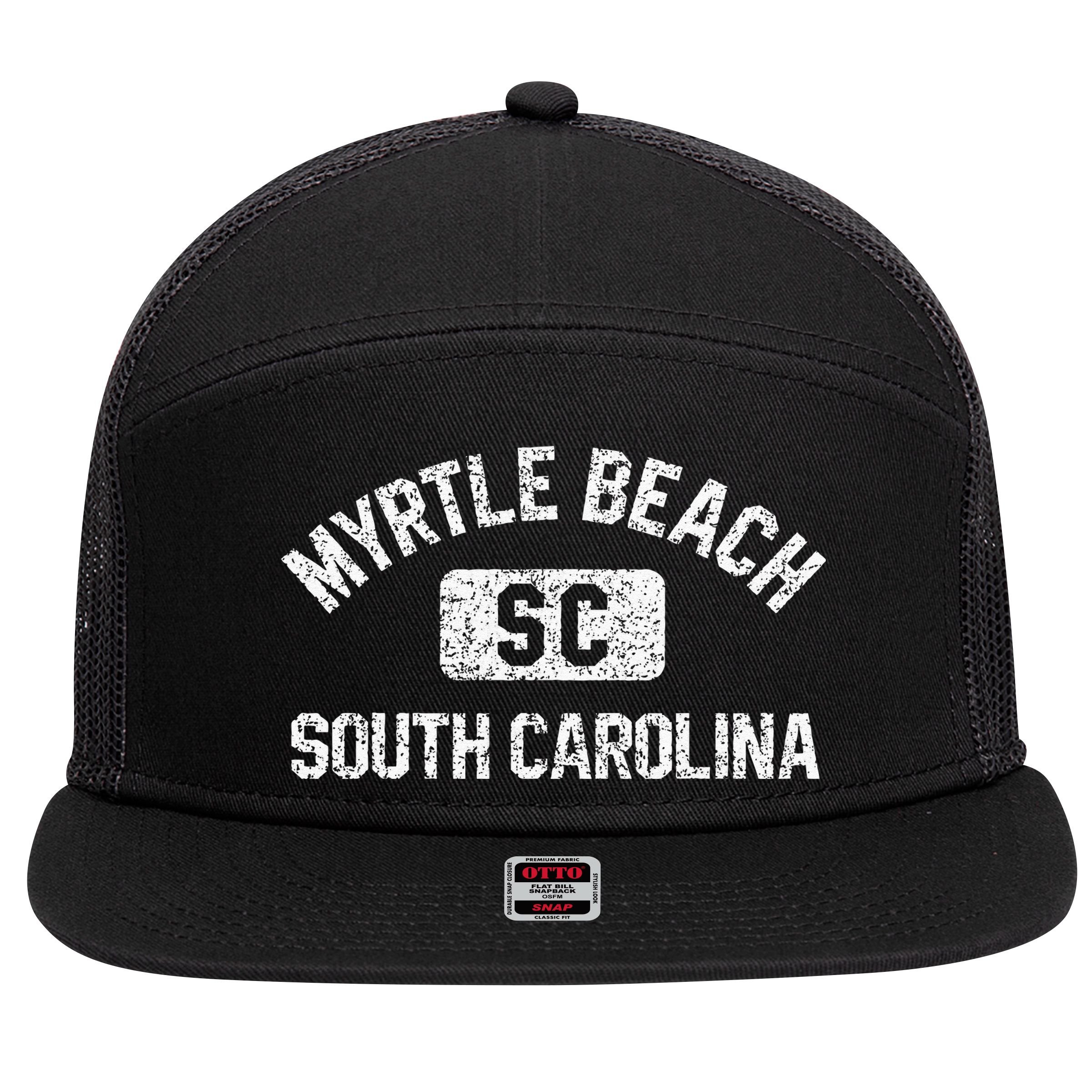 Myrtle Beach SC Gym Style Distressed White Print 7 Panel Mesh Trucker Snapback Hat