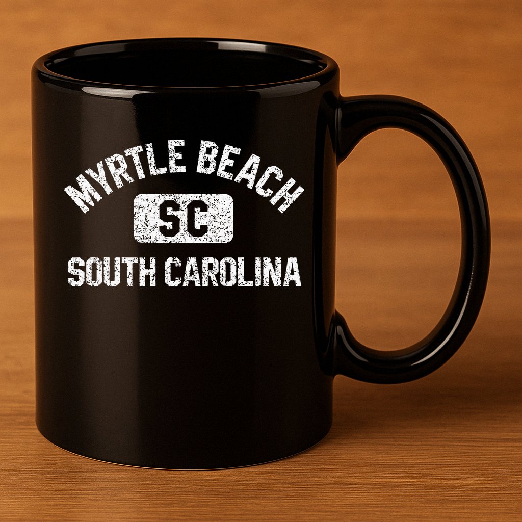 Myrtle Beach SC Gym Style Distressed White Print 11oz C Handle Ceramic Mug
