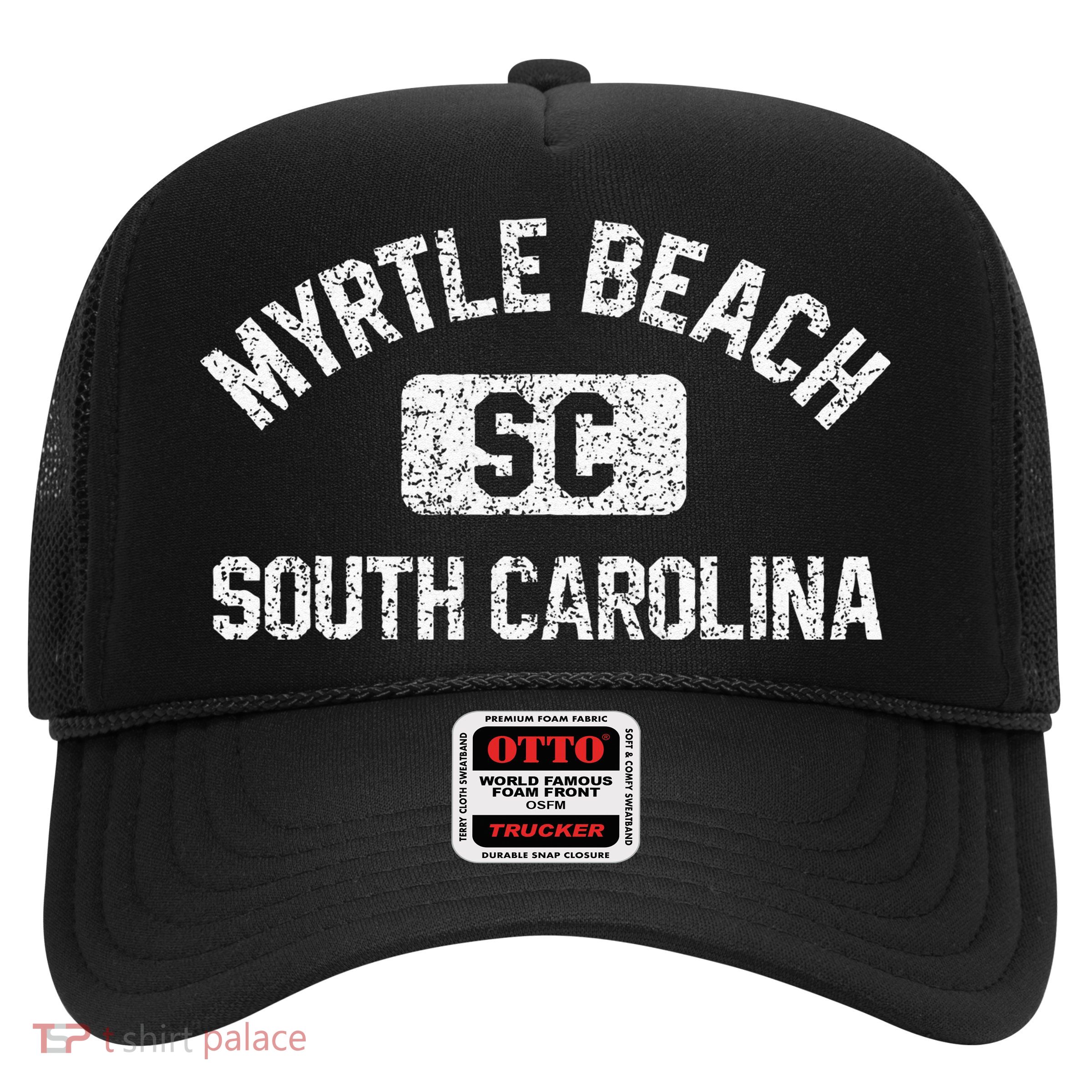 Myrtle Beach SC Gym Style Distressed White Print Trucker Hat