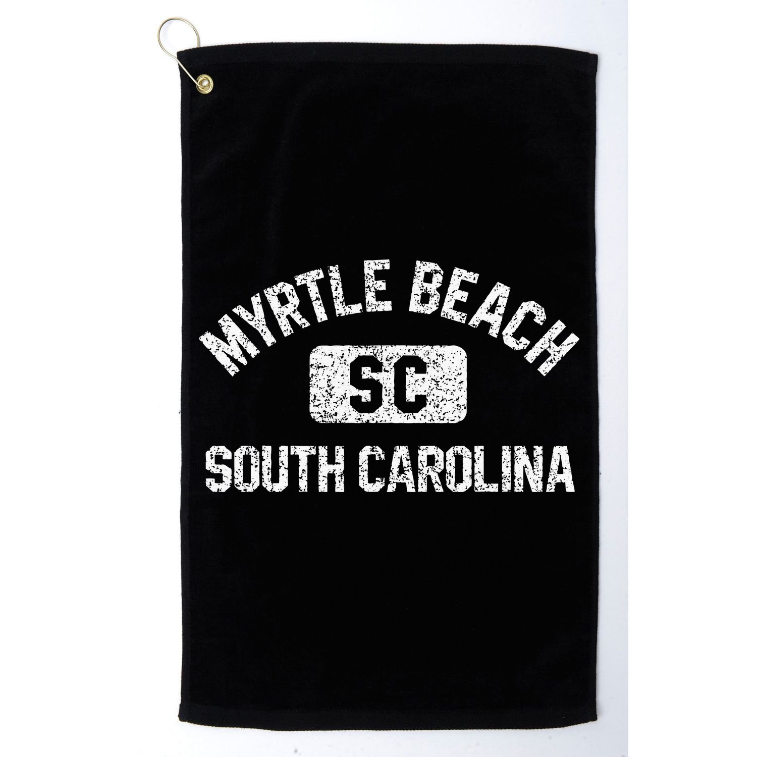 Myrtle Beach SC Gym Style Distressed White Print Golf Towel