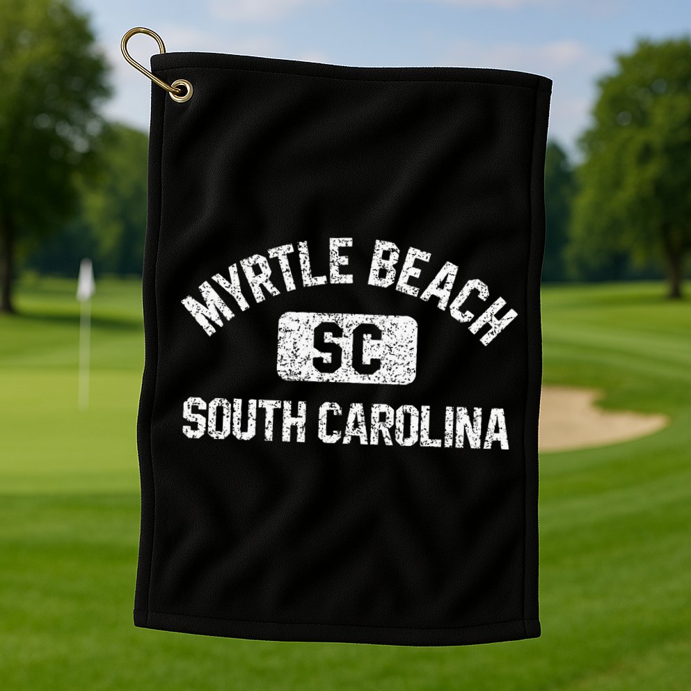 Myrtle Beach SC Gym Style Distressed White Print Golf Towel