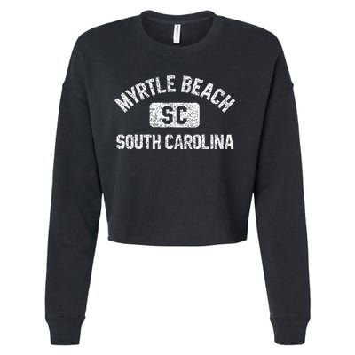 Myrtle Beach SC Gym Style Distressed White Print Cropped Pullover Crew