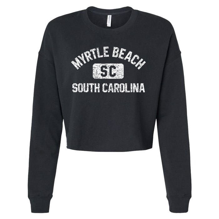 Myrtle Beach SC Gym Style Distressed White Print Cropped Pullover Crew