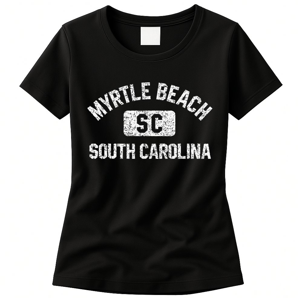Myrtle Beach SC Gym Style Distressed White Print Womens T-Shirt