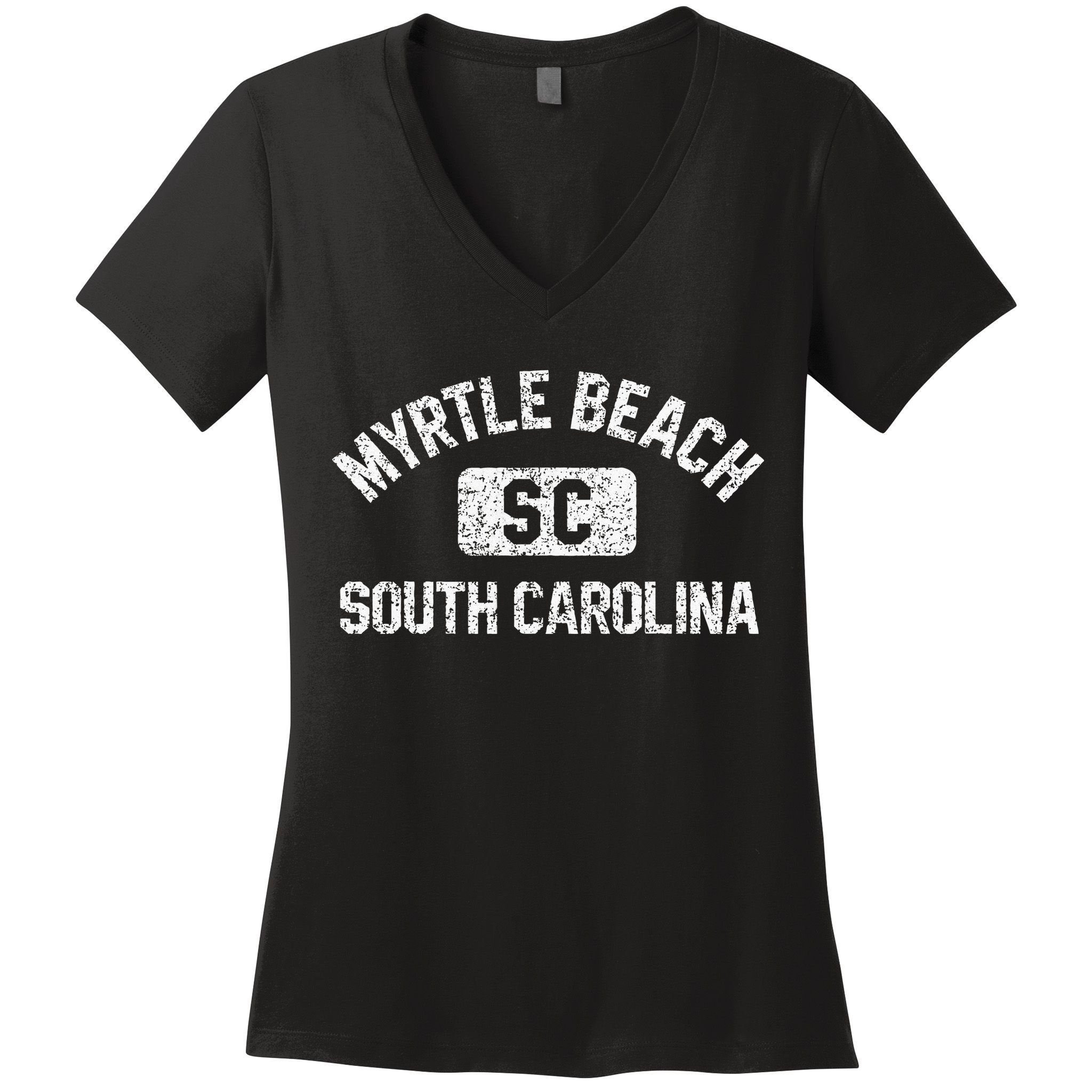 Myrtle Beach SC Gym Style Distressed White Print Women's V-Neck T-Shirt