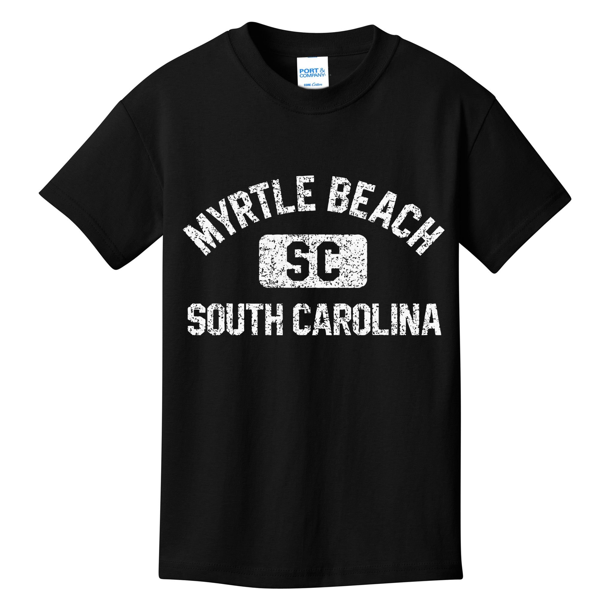 Myrtle Beach SC Gym Style Distressed White Print Kids T-Shirt