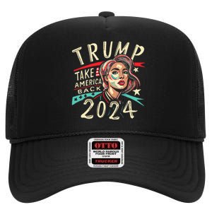 Messy Bun Support Trump 2024 Flag Take America Back High Crown Mesh Back Trucker Hat