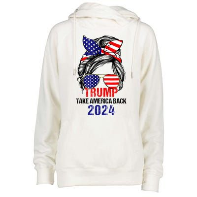 Messy Bun Support Trump 2024 Flag Take America Back Womens Funnel Neck Pullover Hood