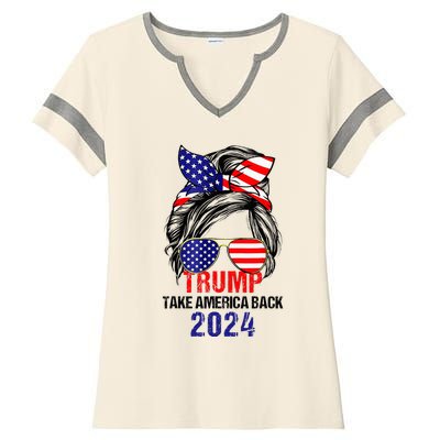 Messy Bun Support Trump 2024 Flag Take America Back Ladies Halftime Notch Neck Tee