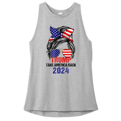 Messy Bun Support Trump 2024 Flag Take America Back Ladies PosiCharge Tri-Blend Wicking Tank