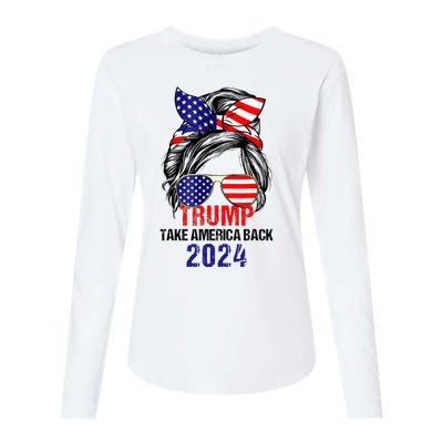 Messy Bun Support Trump 2024 Flag Take America Back Womens Cotton Relaxed Long Sleeve T-Shirt