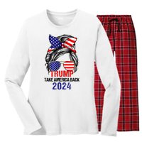 Messy Bun Support Trump 2024 Flag Take America Back Women's Long Sleeve Flannel Pajama Set 