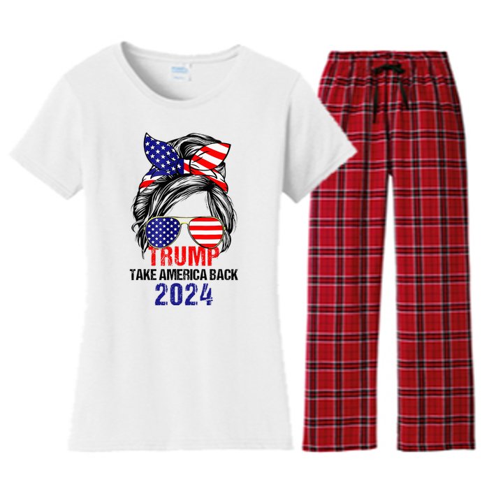 Messy Bun Support Trump 2024 Flag Take America Back Women's Flannel Pajama Set