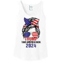 Messy Bun Support Trump 2024 Flag Take America Back Ladies Essential Tank