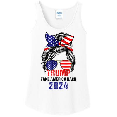 Messy Bun Support Trump 2024 Flag Take America Back Ladies Essential Tank