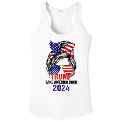 Messy Bun Support Trump 2024 Flag Take America Back Ladies PosiCharge Competitor Racerback Tank