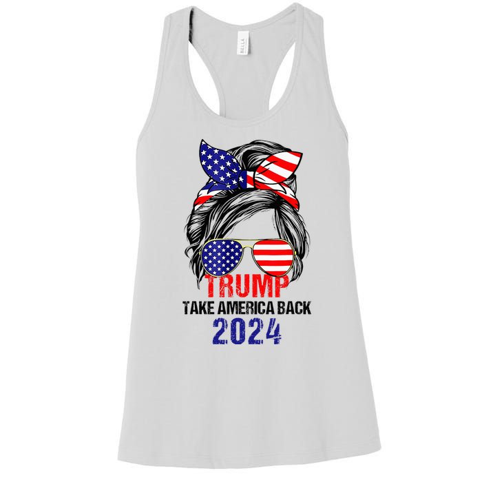 Messy Bun Support Trump 2024 Flag Take America Back Women's Racerback Tank