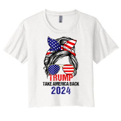 Messy Bun Support Trump 2024 Flag Take America Back Women's Crop Top Tee